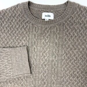 Wills Mens XL 100% Wool Cable Knit Crewneck Sweater Taupe Brown Pullover